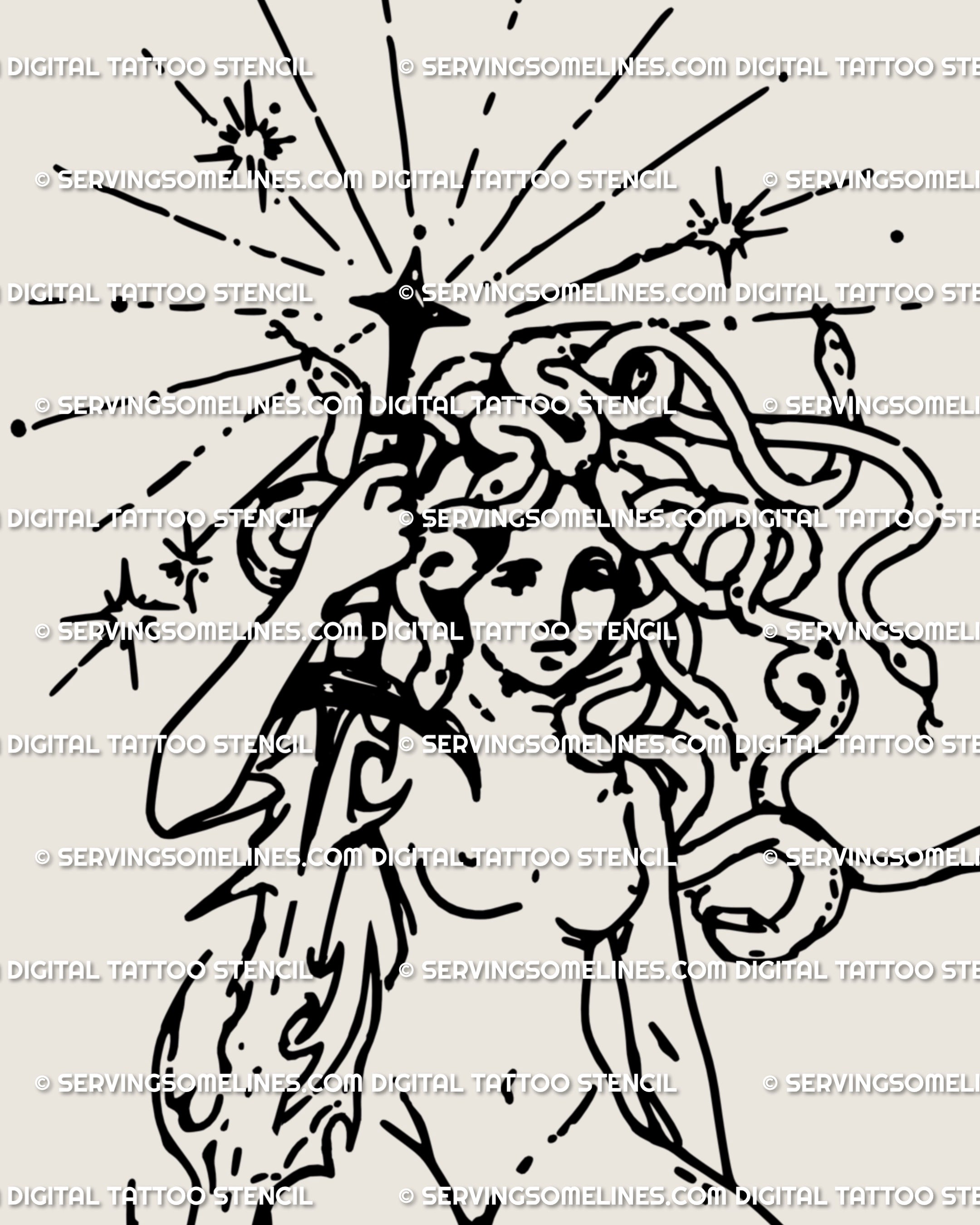 Close-up of Medusa face tattoo design with snakes, sword, and celestial star accents, hand-drawn gothic mythology linework digital download.