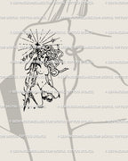 Shoulder tattoo idea for women showing Medusa with sword and snakes in gothic cybertribal style, symbolic feminine mythology tattoo design.
