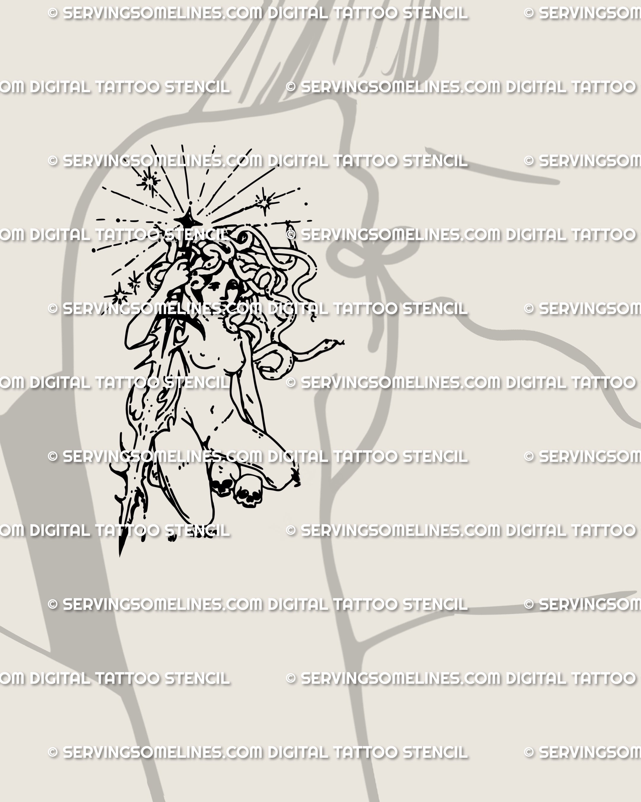 Shoulder tattoo idea for women showing Medusa with sword and snakes in gothic cybertribal style, symbolic feminine mythology tattoo design.