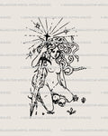 Gothic Medusa tattoo stencil with sword, snakes, and skull detail in cybertribal line art, mythology-inspired digital tattoo design.