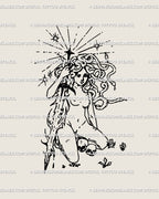 Gothic Medusa tattoo stencil featuring sword, snakes, and skull details in cybertribal line art, mythology-inspired digital tattoo design download.