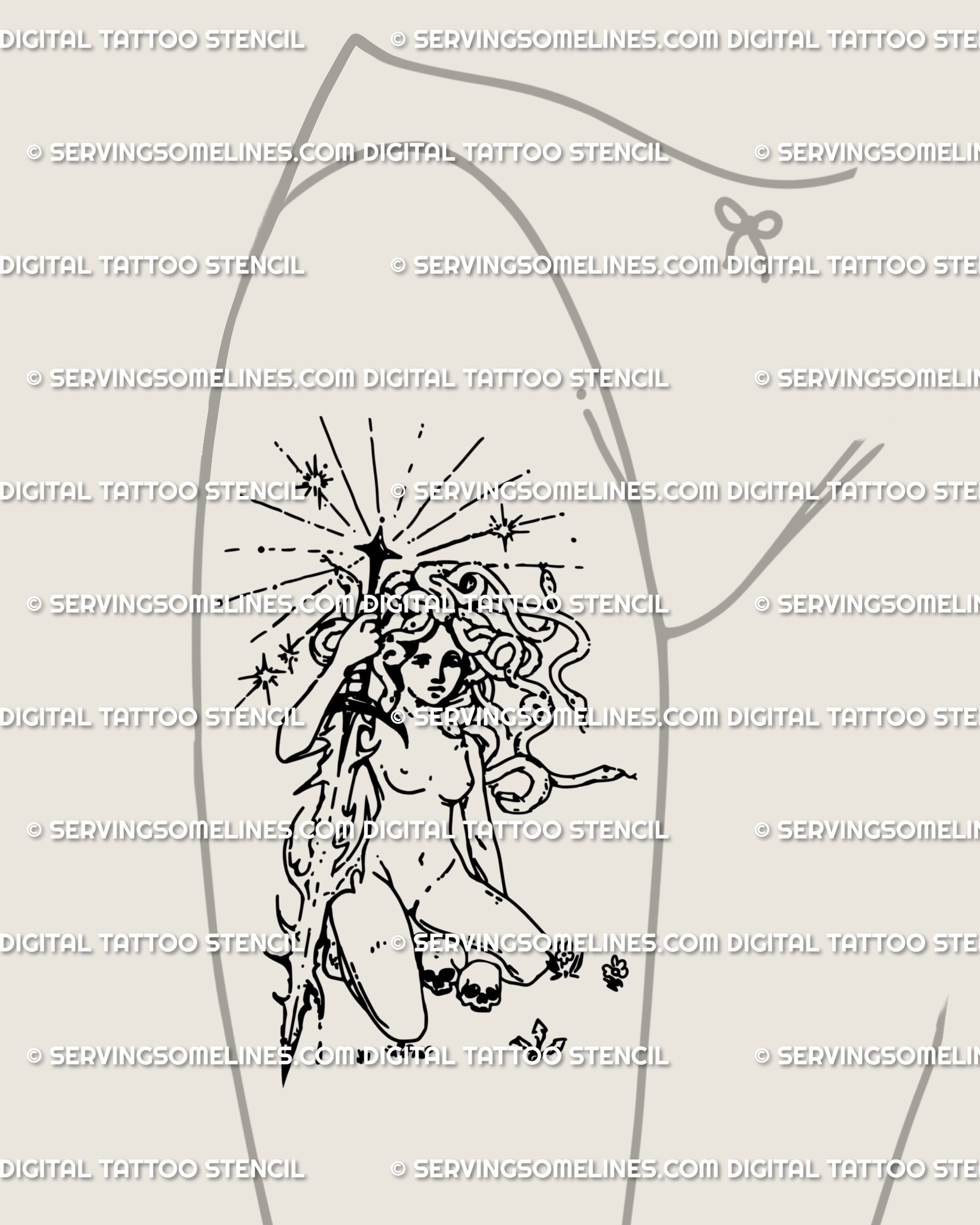 Medusa tattoo idea for front thigh, bold gothic mythology stencil with sword and snakes, strong placement concept for large feminine or masculine tattoos.