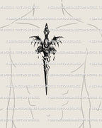 mens chest tattoo mockup centered with dragon dagger, hydra heads and winged gothic blade, dark fantasy knife design for sternum placement