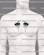 Manga eyes tattoo stencil shown on mens chest placement, with glossy pupils, sharp lashes, star accents, and dripping tears.
