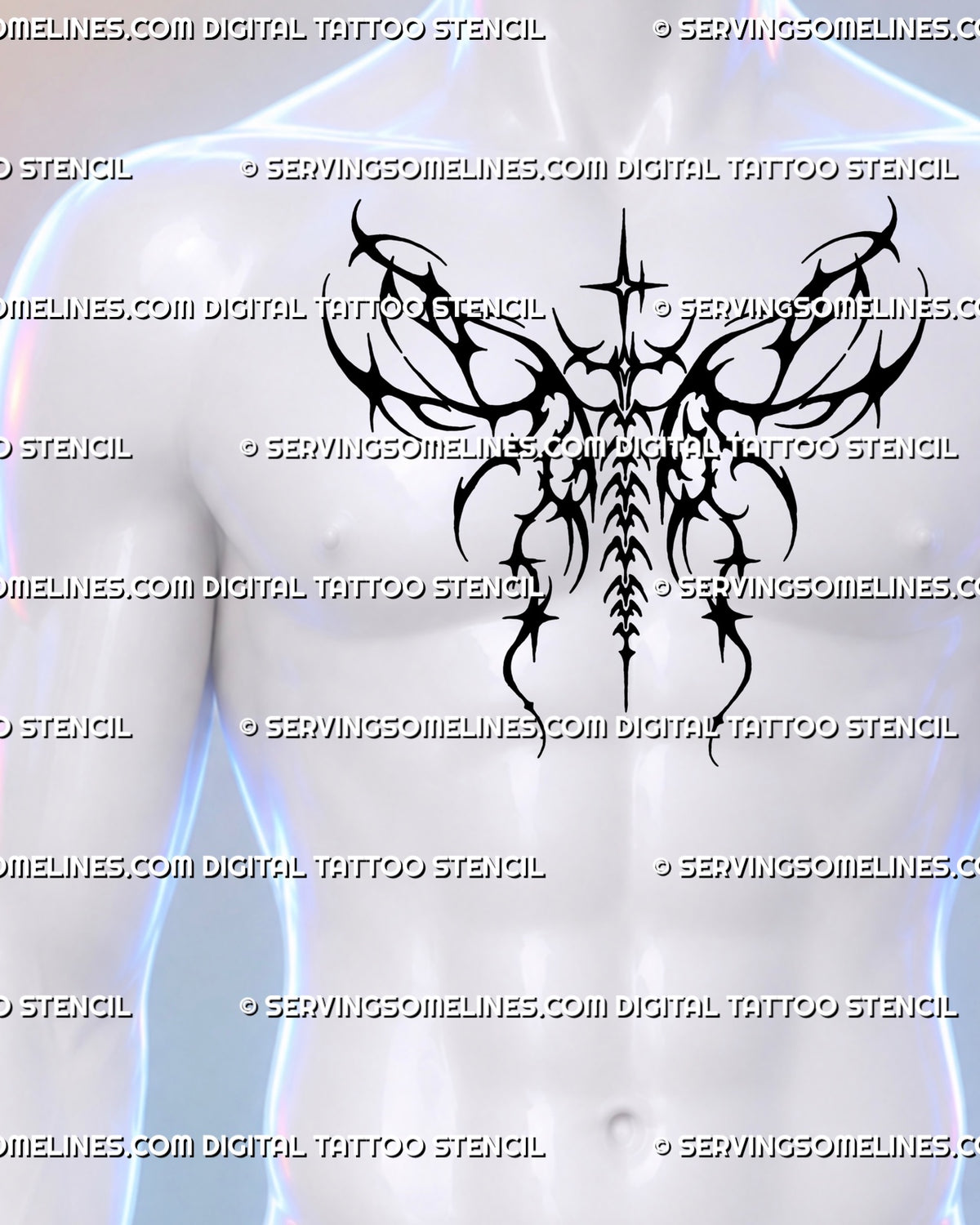 Cyber tribal wings tattoo centered on a man’s chest, with symmetrical black branches, four-point stars and tapered details following the sternum.