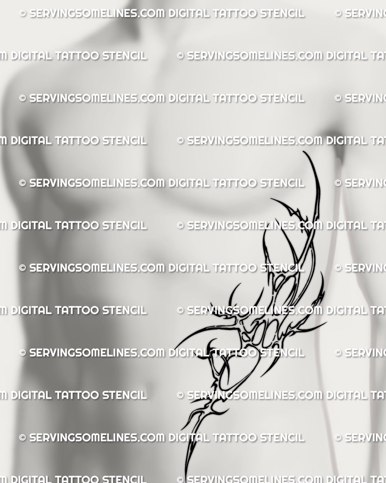 mens rib and side torso tattoo mockup showing spiky neotribal cyber tribal design placed vertically along one side of the stomach and ribs
