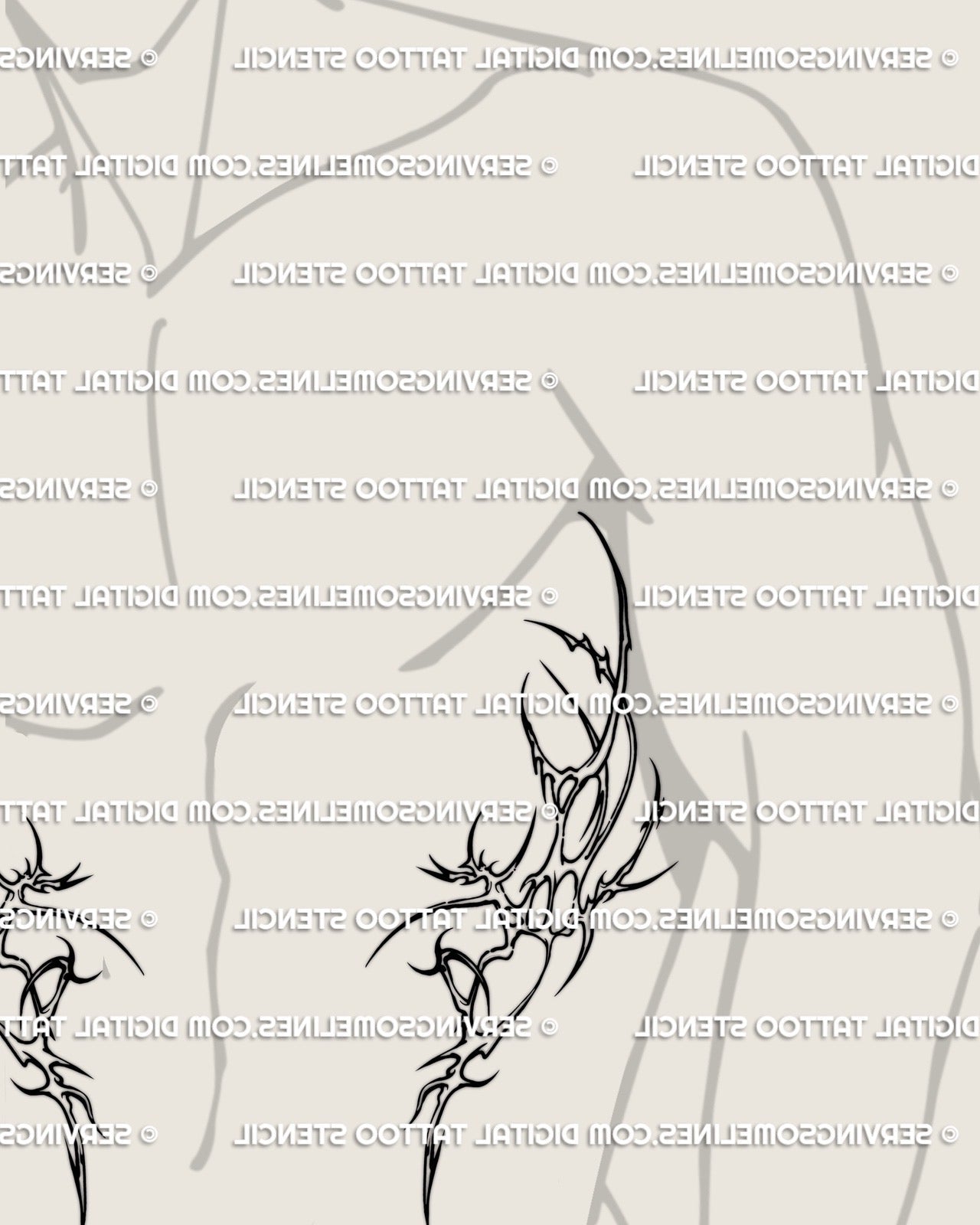 mens rib tattoo symmetry preview showing mirrored cyber neotribal shapes for both sides of the torso with sharp spiky linework
