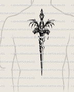 men’s spine tattoo mockup showing long dark fantasy sword with gothic handle and sharp vertical blade running down the center of the back