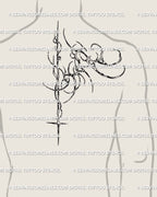 mens spine tattoo mockup in smaller size with cyber tribal biomech lines running down the back for a modern masculine vertical design
