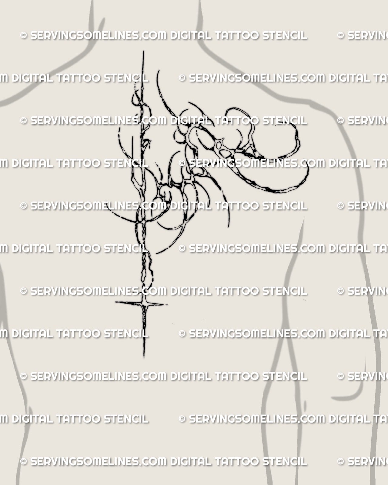 mens spine tattoo mockup in smaller size with cyber tribal biomech lines running down the back for a modern masculine vertical design
