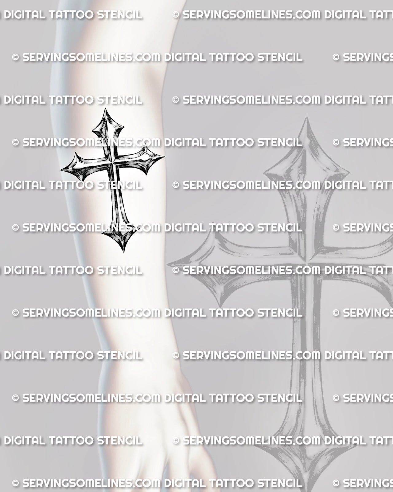Metallic cross tattoo stencil shown on forearm placement, with shiny chrome effect, dark edges, and readable cross shape