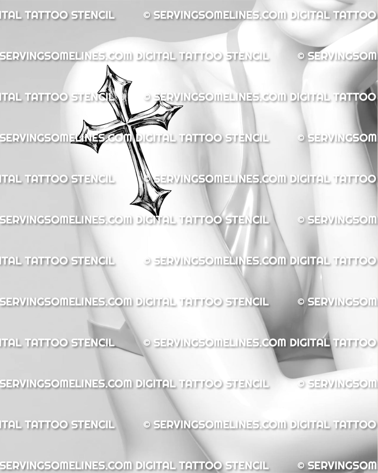 Metallic cross tattoo stencil shown on womens arm placement, with polished chrome shading and clear pointed cross shape.