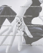 Mini flower tattoo stencil shown on hand with small cybersigilism flower design, pointed cyber curves, and clean compact linework