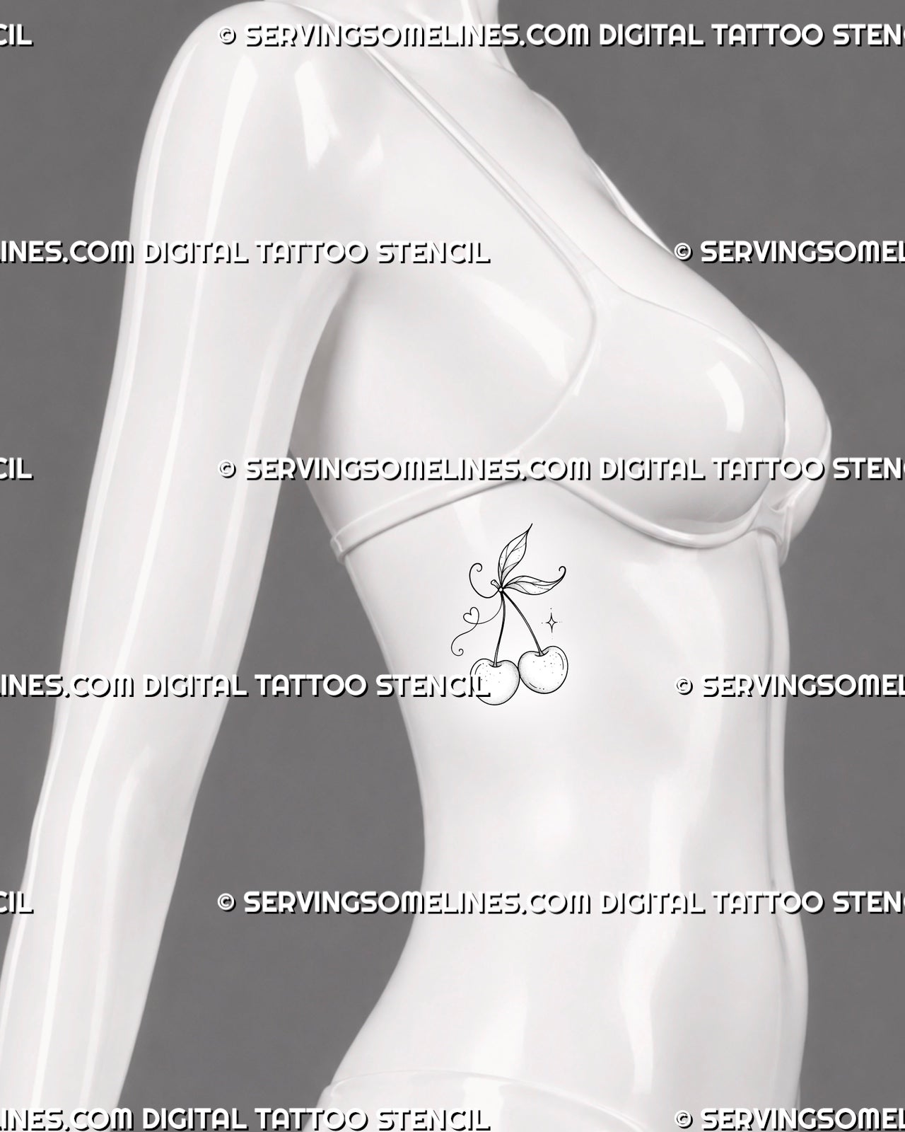 Minimalist-style cherry tattoo shown on women’s ribs with twin cherries, light stippling, curved highlights, delicate leaves, and flowing fine-line details