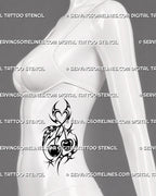 Modern tribal cherry tattoo shown on women’s side body with elongated black ornament, paired cherries, crossing stems, hooked points, and Y2K tattoo styling