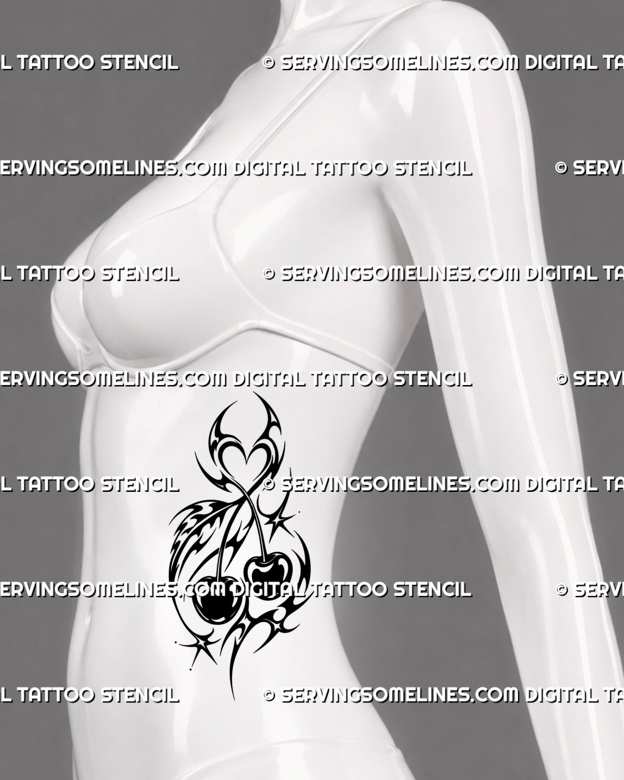 Modern tribal cherry tattoo shown on women’s side body with elongated black ornament, paired cherries, crossing stems, hooked points, and Y2K tattoo styling