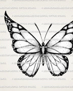 Monarch inspired butterfly tattoo design with open wings, black outer border, fine veins, and soft shaded detail