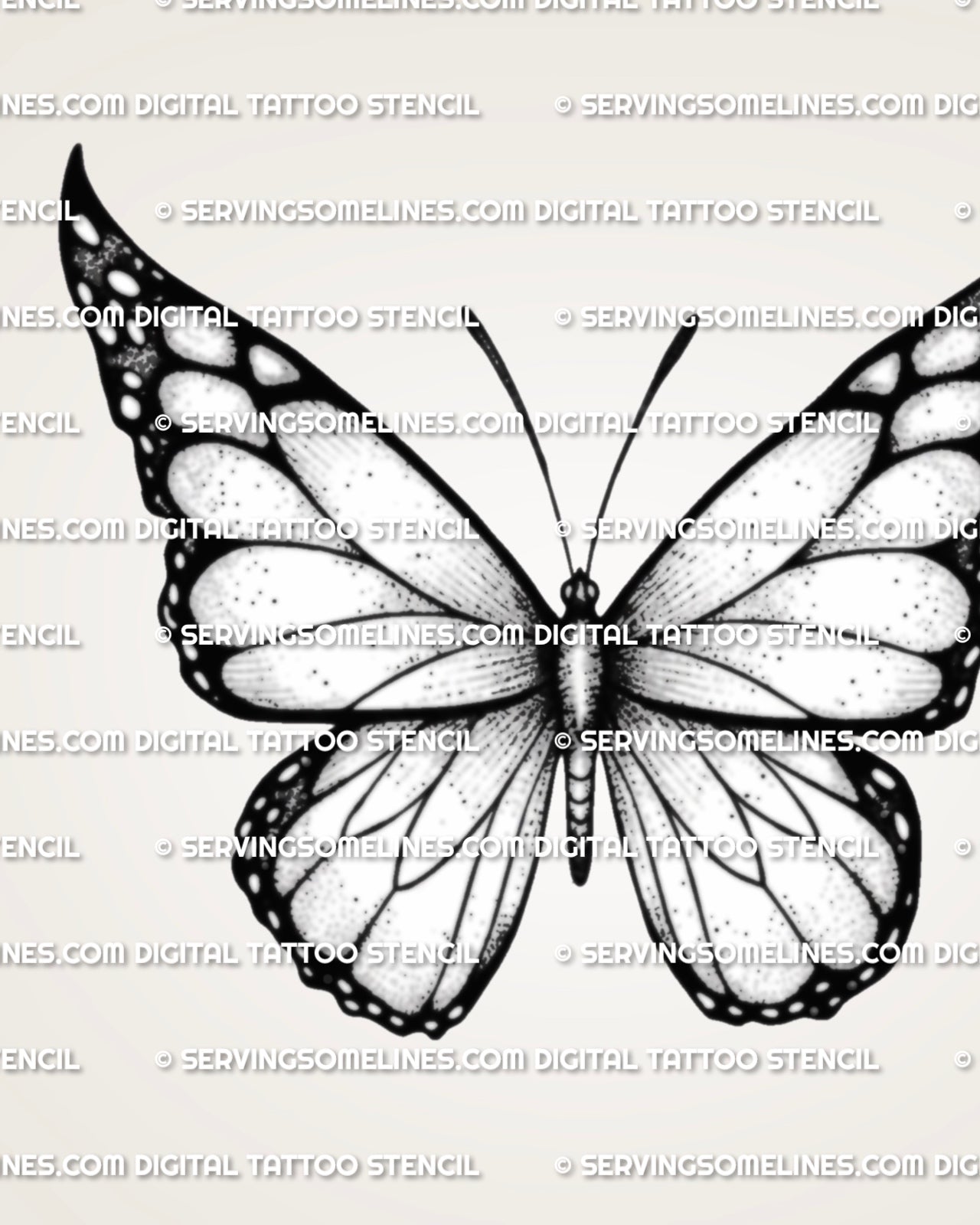 Monarch inspired butterfly tattoo design with open wings, black outer border, fine veins, and soft shaded detail