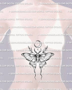 Moon moth tattoo shown on feminine sternum placement, with centered crescent moon, long wing tails, and soft dot shading.