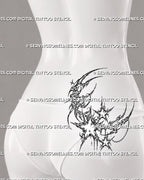 Moon and stars tattoo stencil shown on women’s lower back with crescent moon, ornamental cyber linework, star details, and flowing celestial shape
