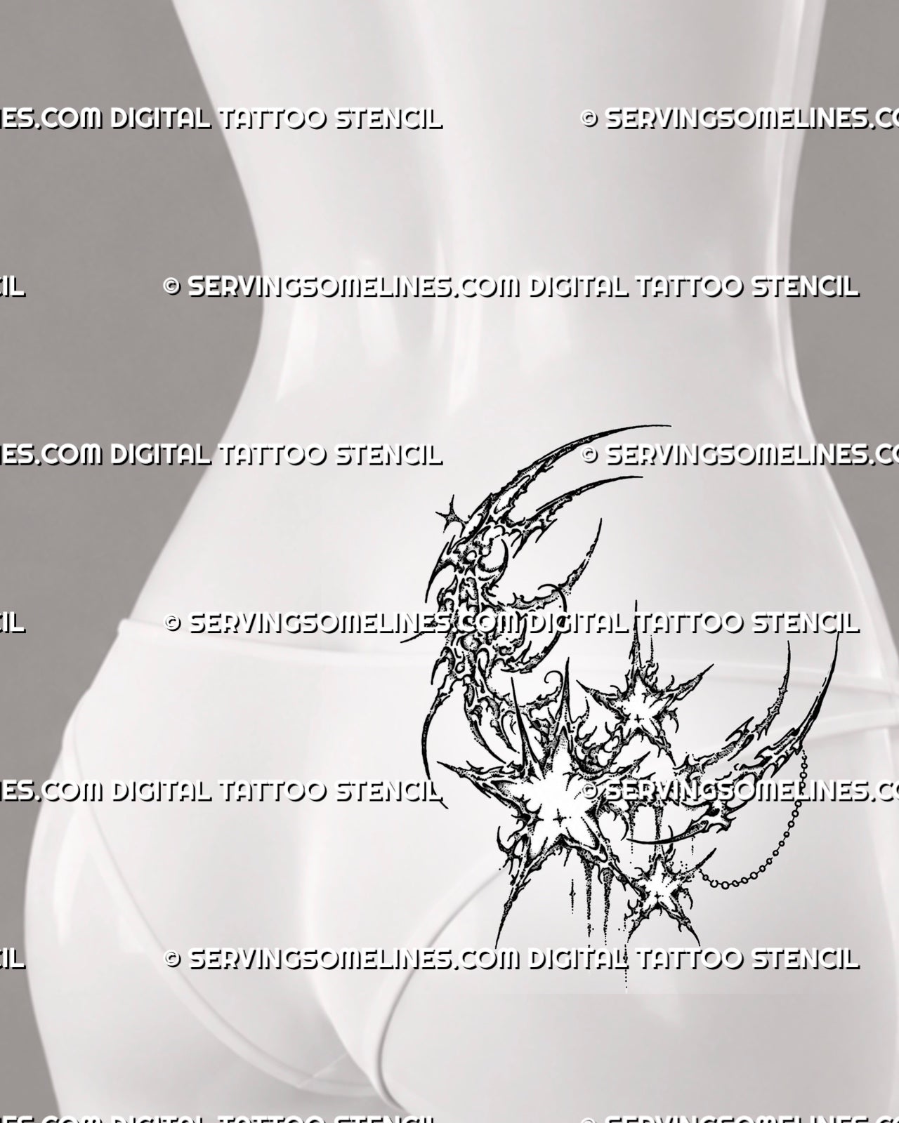 Moon and stars tattoo stencil shown on women’s lower back with crescent moon, ornamental cyber linework, star details, and flowing celestial shape