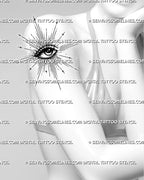 Mystical eye tattoo preview on women’s arm, with radiant rays, dotted texture, bold lashes, and celestial star details.