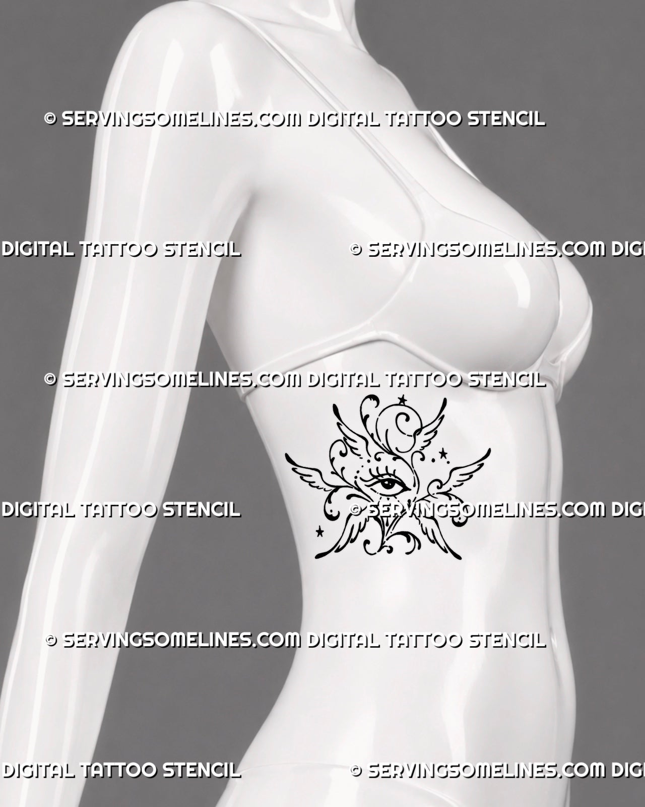 Mystical seraphim eye tattoo shown on a woman’s side ribs with six stylized wings, celestial stars, ornamental curls, and whimsical angel linework