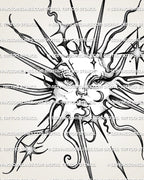 Mystical sun tattoo design with detailed face, moon and stars, pointed rays, and clean black stencil structure.