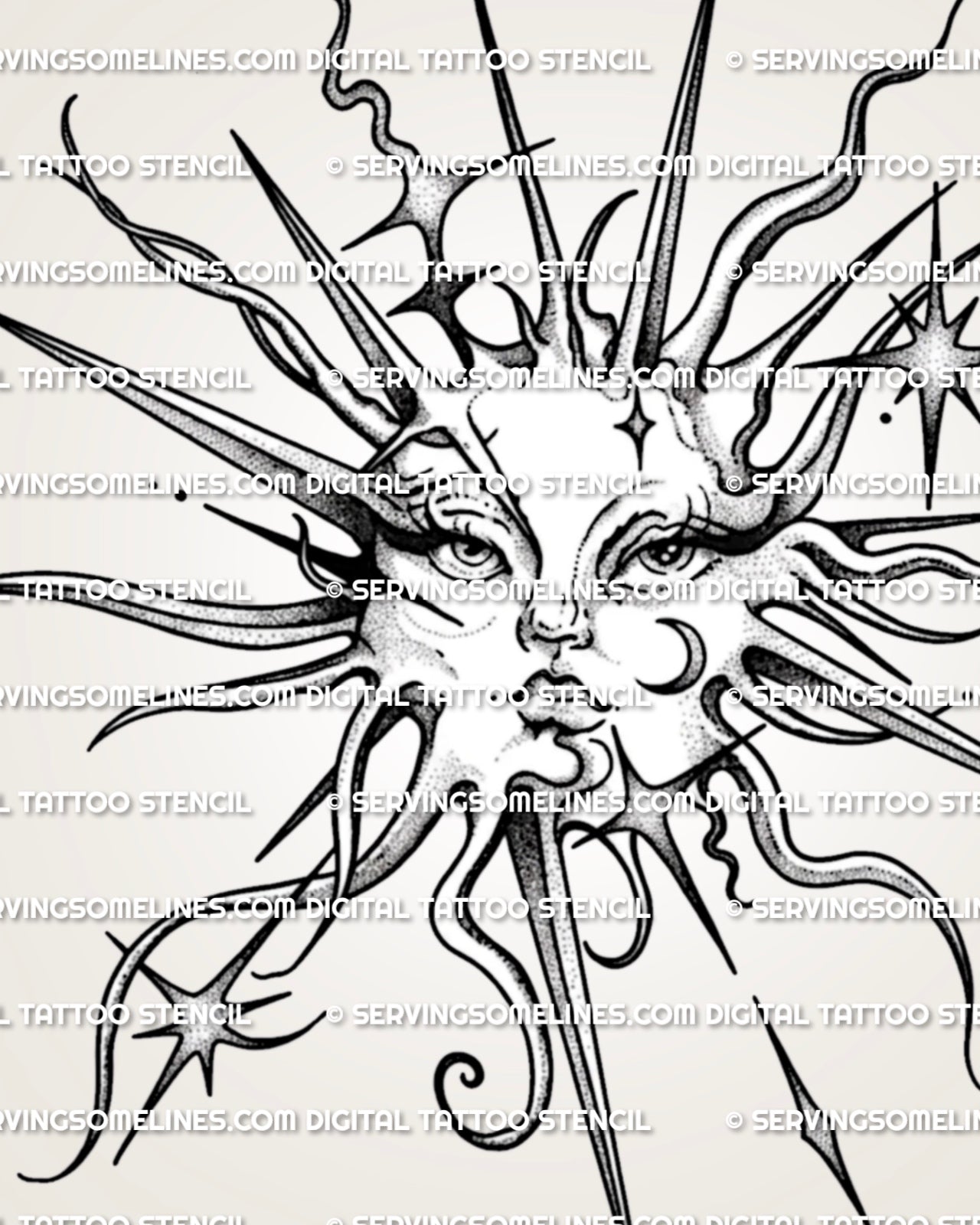 Mystical sun tattoo design with detailed face, moon and stars, pointed rays, and clean black stencil structure.