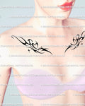 Neo-tribal collarbone tattoo stencil with twin flaming hearts shown on woman’s collarbones, clean digital design preview.