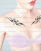Neo-tribal collarbone tattoo stencil with twin flaming hearts shown on woman’s collarbones, clean digital design preview.
