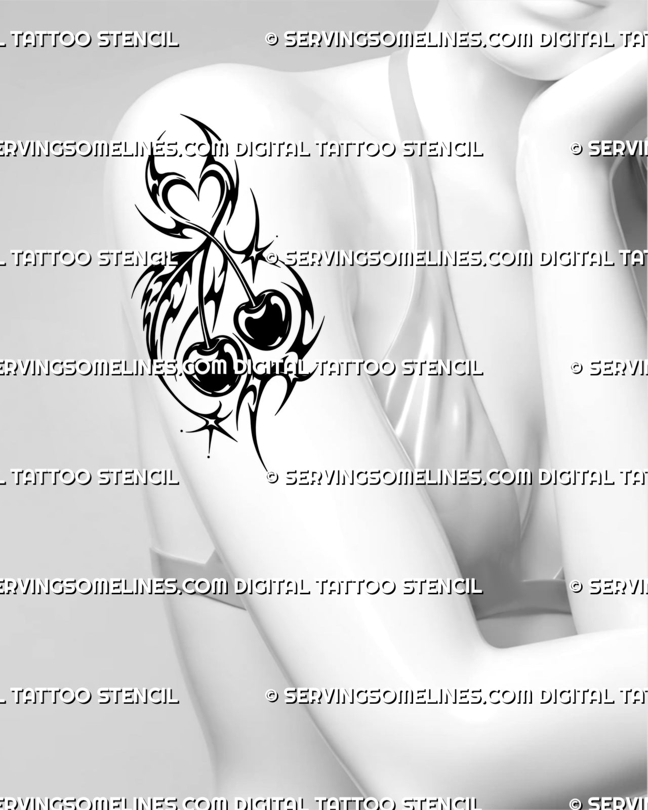 Neo tribal cherry tattoo stencil shown on women’s arm with paired black cherries, sweeping modern tribal forms, curved highlights, and sharp tapered accents