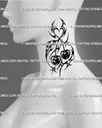 Neotribal cherry tattoo shown on the side of the neck with paired cherries, heart-shaped upper ornament, pointed tribal curves, and bold black detailing