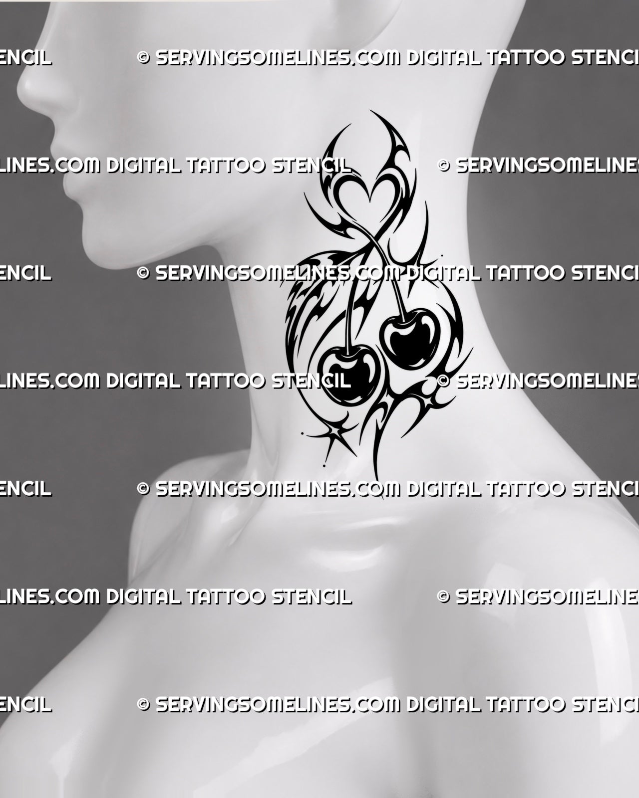 Neotribal cherry tattoo shown on the side of the neck with paired cherries, heart-shaped upper ornament, pointed tribal curves, and bold black detailing
