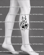 Neotribal cherry tattoo stencil shown on calf with vertical twin-cherry composition, heart-shaped upper opening, bold tribal curves, stars, and sharp lower point