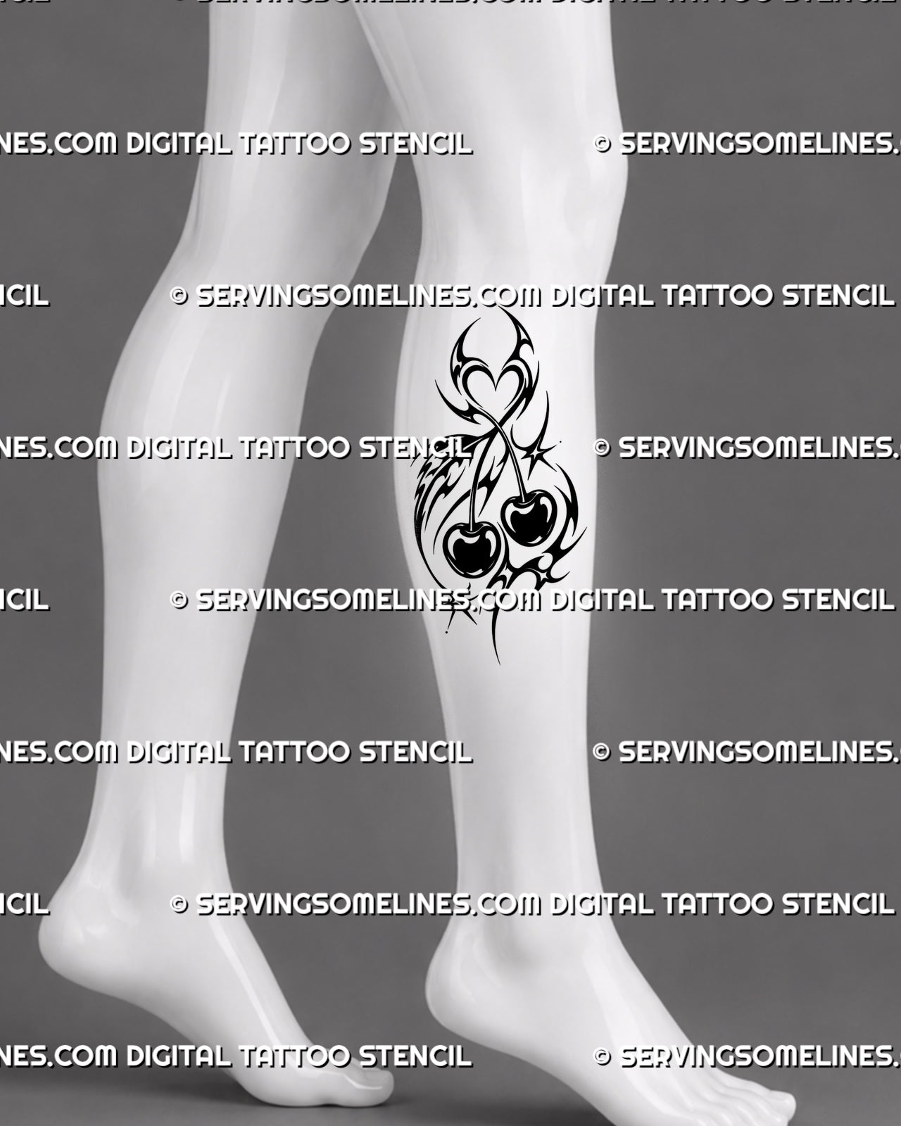 Neotribal cherry tattoo stencil shown on calf with vertical twin-cherry composition, heart-shaped upper opening, bold tribal curves, stars, and sharp lower point