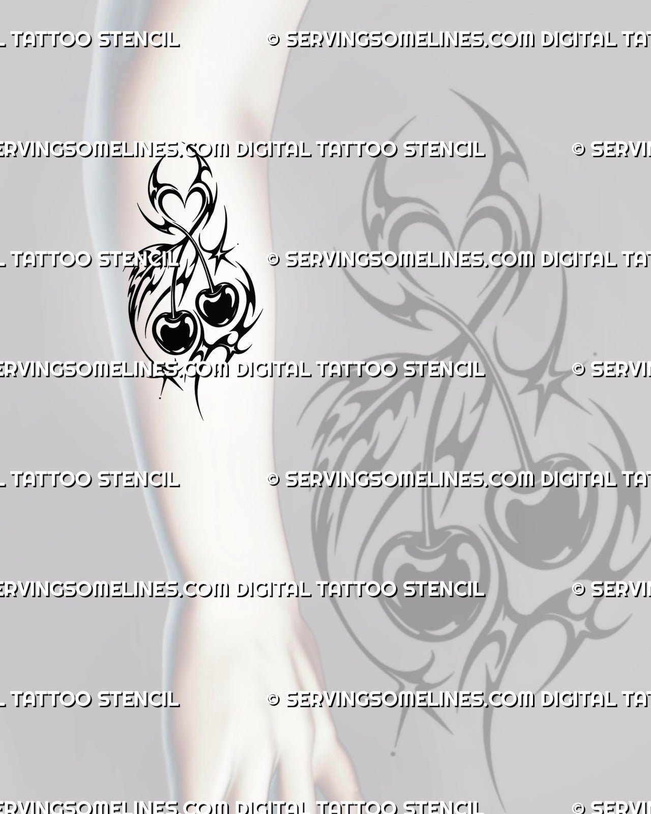 Neotribal cherry tattoo stencil shown on forearm with elongated tribal framing, paired fruit, heart-shaped negative space, hooked curves, and star details