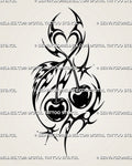 Neotribal cherry tattoo stencil with twin black cherries, crossing stems, heart-shaped negative space, sweeping Y2K tribal curves, and sharp star accents