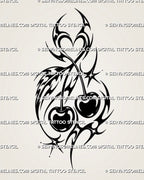 Neotribal cherry tattoo stencil with twin black cherries, crossing stems, heart-shaped negative space, sweeping Y2K tribal curves, and sharp star accents