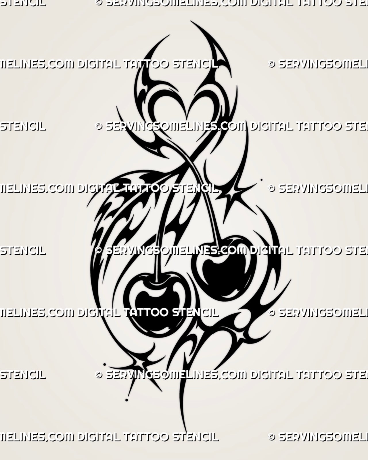 Neotribal cherry tattoo stencil with twin black cherries, crossing stems, heart-shaped negative space, sweeping Y2K tribal curves, and sharp star accents