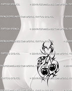 Neotribal cherry tattoo shown on women’s lower back and upper hip with heart-shaped negative space, twin cherries, flared tribal curves, and pointed extensions