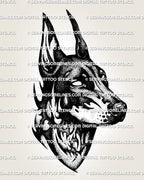 Neotribal Doberman tattoo stencil with sharp ears, dotted shading, bold black linework, and dark dog profile.