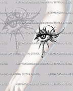 Neotribal eye tattoo stencil shown on forearm, with spiked tribal points, dark pupil, dotted shading, and chained drop charm.