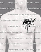 Neotribal eye tattoo stencil shown on men’s chest pec, with spiked tribal curves, dotted shading, dark pupil, and chained drop detail.