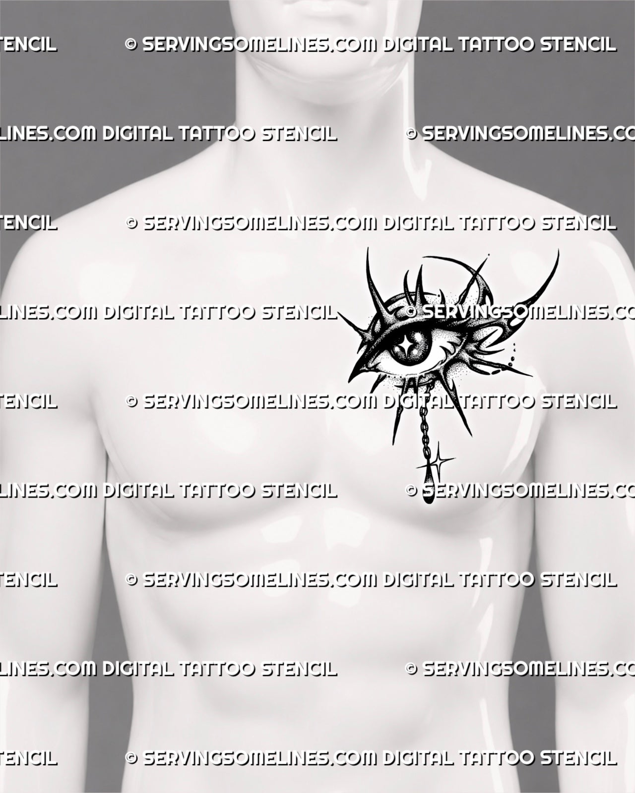 Neotribal eye tattoo stencil shown on men’s chest pec, with spiked tribal curves, dotted shading, dark pupil, and chained drop detail.