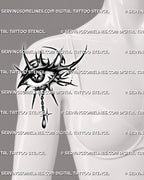 Neotribal eye tattoo preview on women’s upper arm and shoulder, with spiked tribal flow, dark pupil, dotted shading, and drop charm.