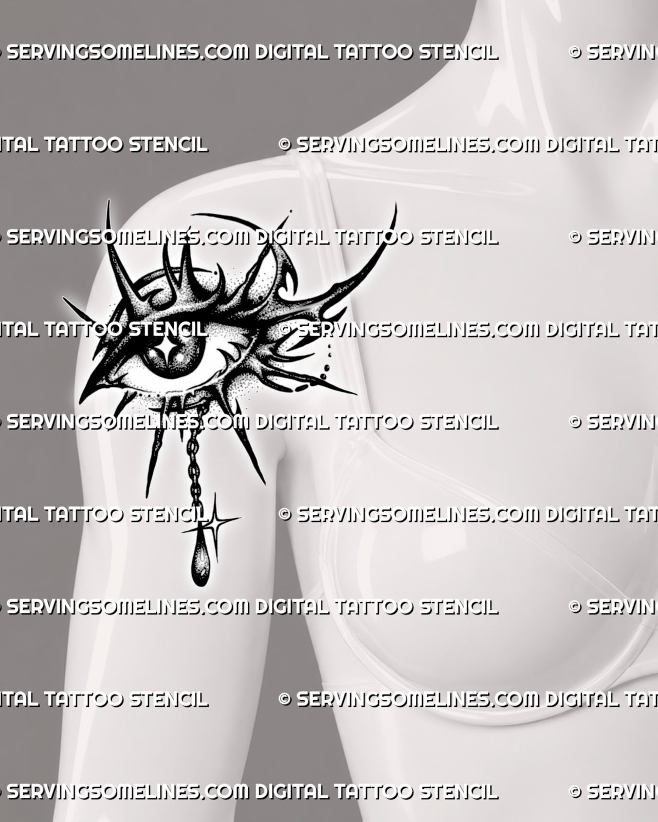 Neotribal eye tattoo preview on women’s upper arm and shoulder, with spiked tribal flow, dark pupil, dotted shading, and drop charm.