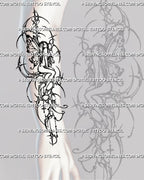 Forearm tattoo placement preview of a seated fairy with butterfly-like wings, Y2K-inspired neotribal curves, elongated spikes and open negative space.    