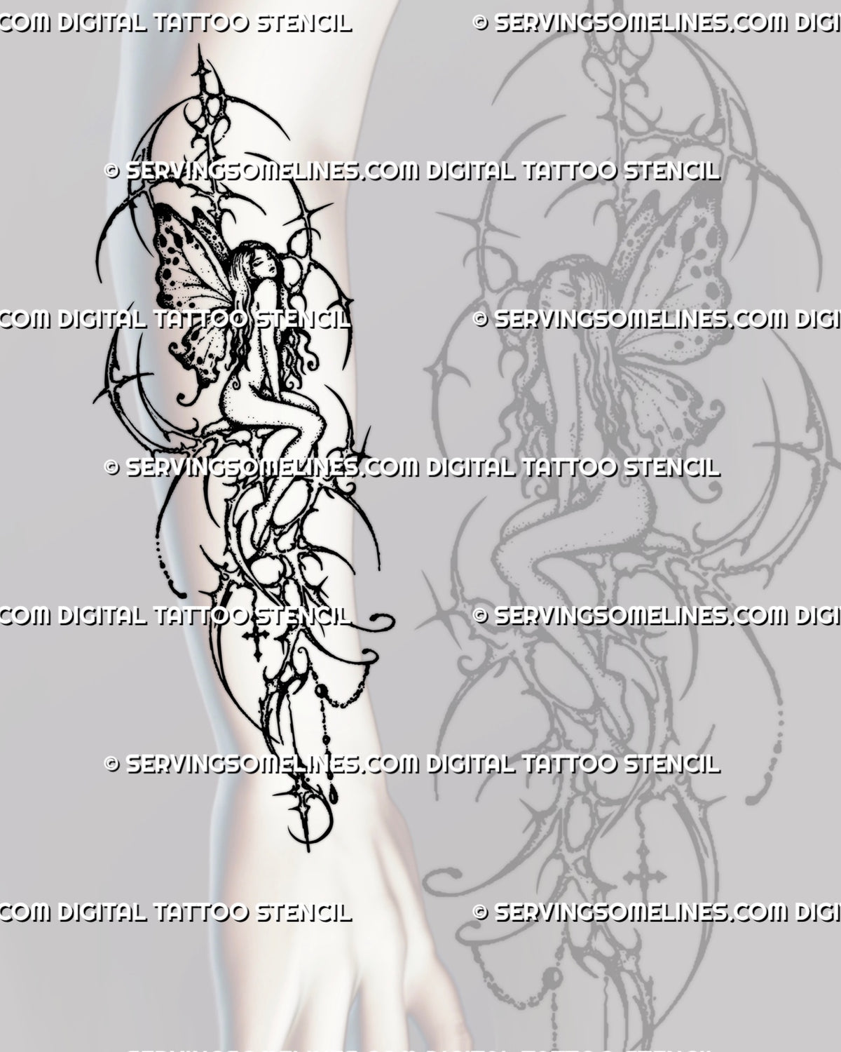 Forearm tattoo placement preview of a seated fairy with butterfly-like wings, Y2K-inspired neotribal curves, elongated spikes and open negative space.    