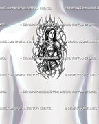 Neotribal female knight tattoo stencil shown on upper back with armored warrior, sword, sharp cyber tribal frame, and large fantasy tattoo shape